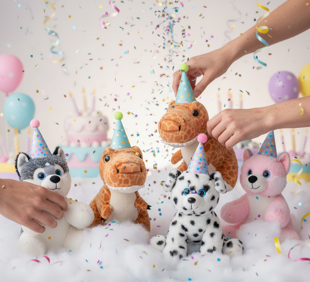 Plush toys with party hats on a celebratory background with confetti and balloons.
