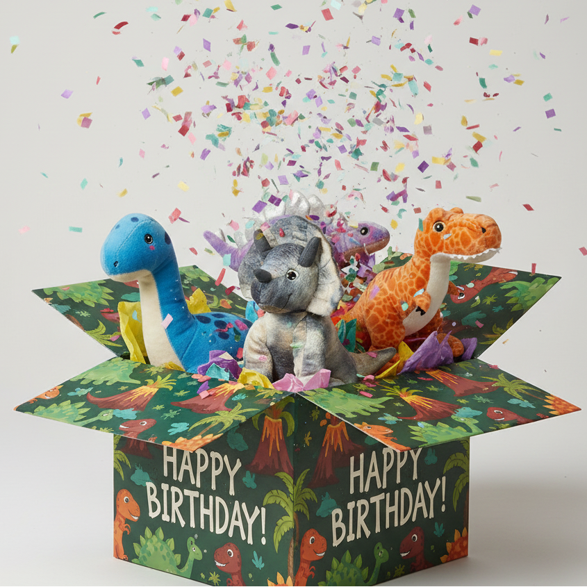 Open birthday gift box with dinosaur toys and confetti on a light gray background
