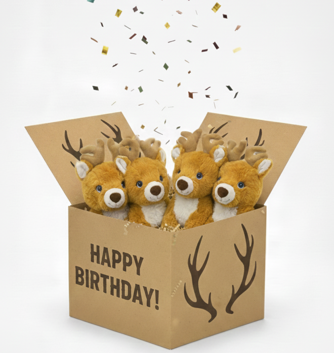 Three plush deer toys in a 'Happy Birthday!' box with confetti on a white background