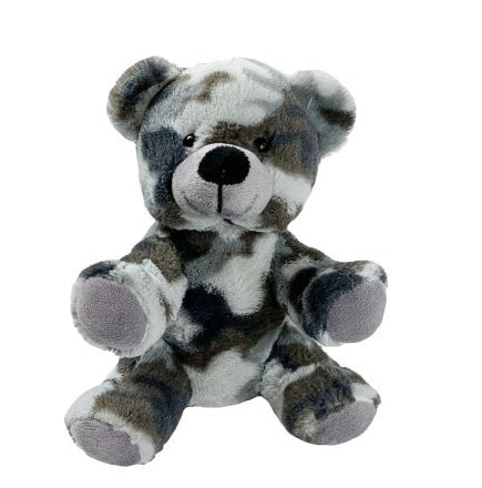 Plush teddy bear with camouflage pattern on a white background