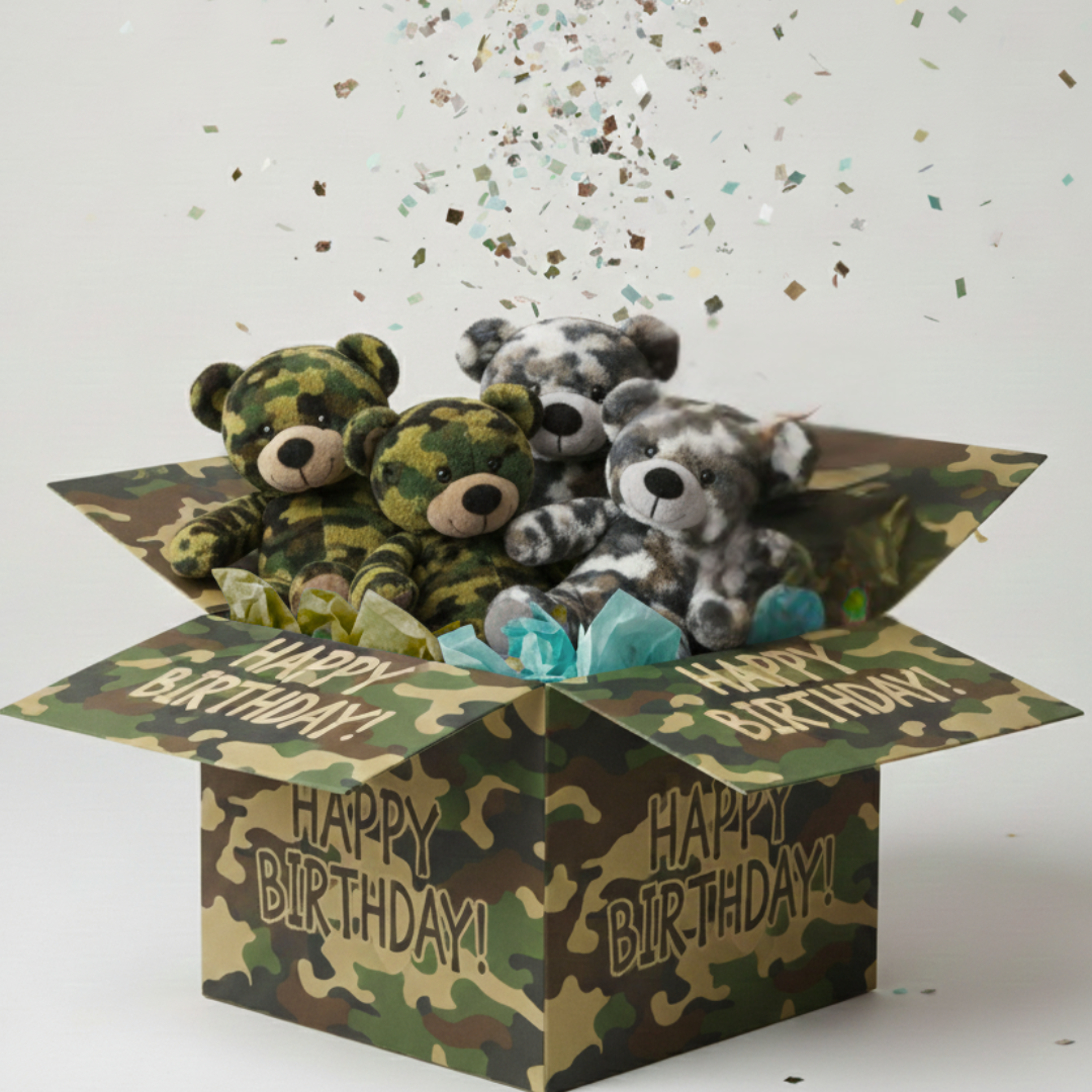 Camouflage birthday box with teddy bears and confetti on a light gray background