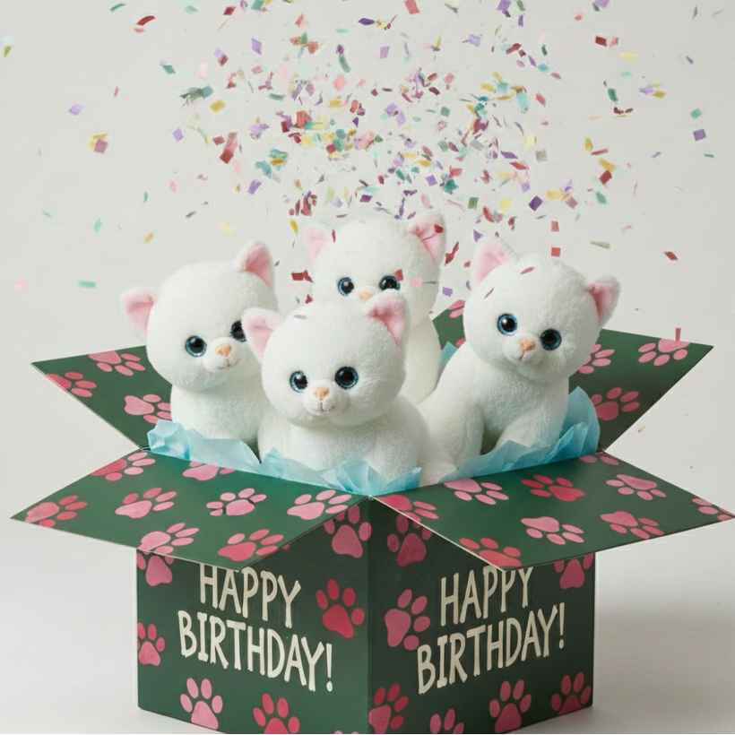 Four white cat plush toys in a 'Happy Birthday!' box with confetti on a light gray background.