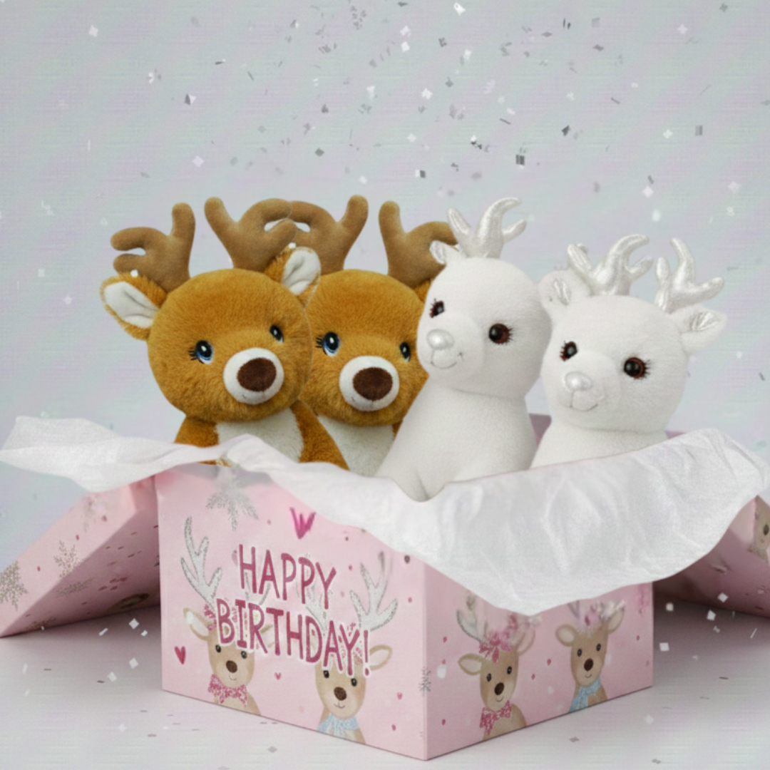 Three plush deer toys in a decorative box with 'Happy Birthday!' text on a light gray background.