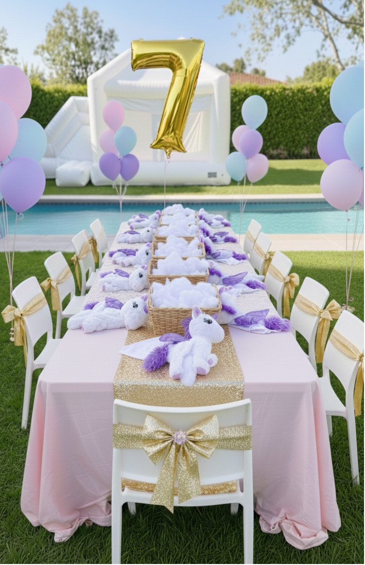 Decorated birthday table with balloons, number 7 balloon, and chairs with gold bows in a garden setting.