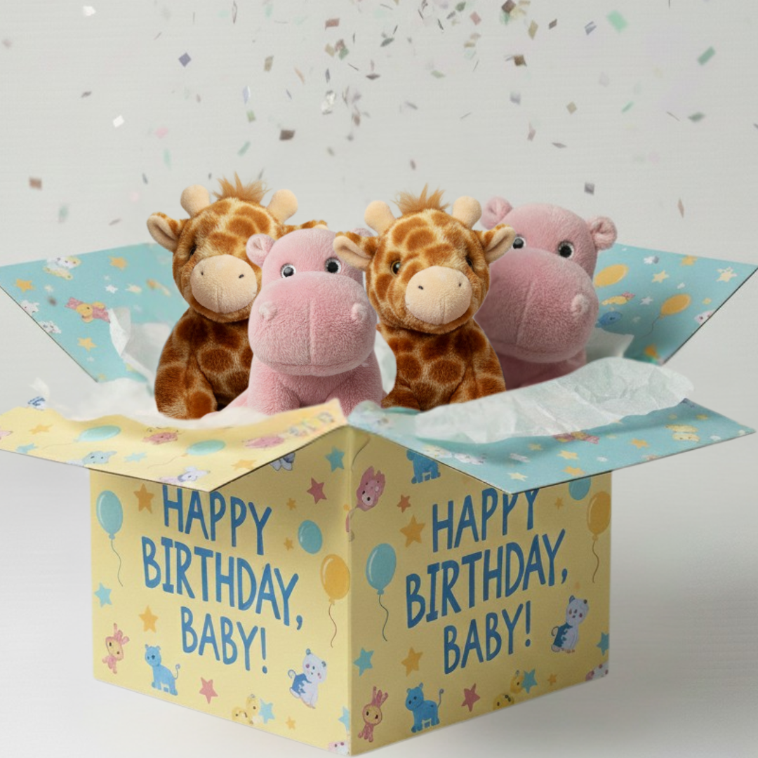 Cartoon animal plush toys in a 'Happy Birthday, Baby!' box with confetti in the background.