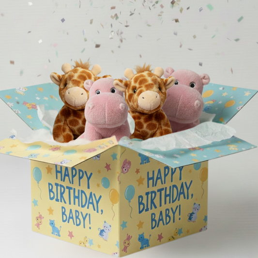 Cartoon animal plush toys in a 'Happy Birthday, Baby!' box with confetti in the background.