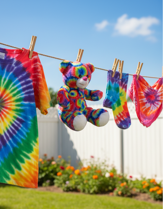 Tie-dye shirts, socks, and a teddy bear hanging on a clothesline with a garden and blue sky in the background.