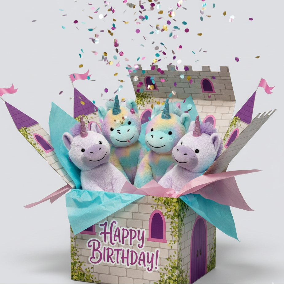 Unicorn stuffed animals in a castle themed birthday box 