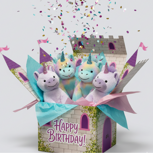 Unicorn stuffed animals in a castle themed birthday box 