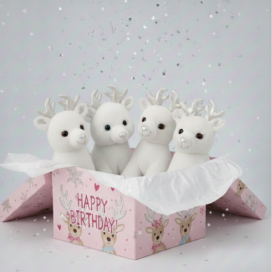 Four white deer figurines in a pink 'Happy Birthday!' box on a light gray background.