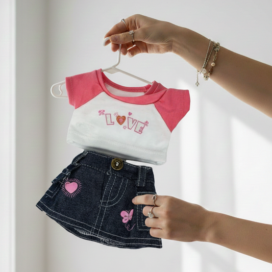 Doll outfit with a white and pink shirt and dark denim shorts on a hanger against a white background.