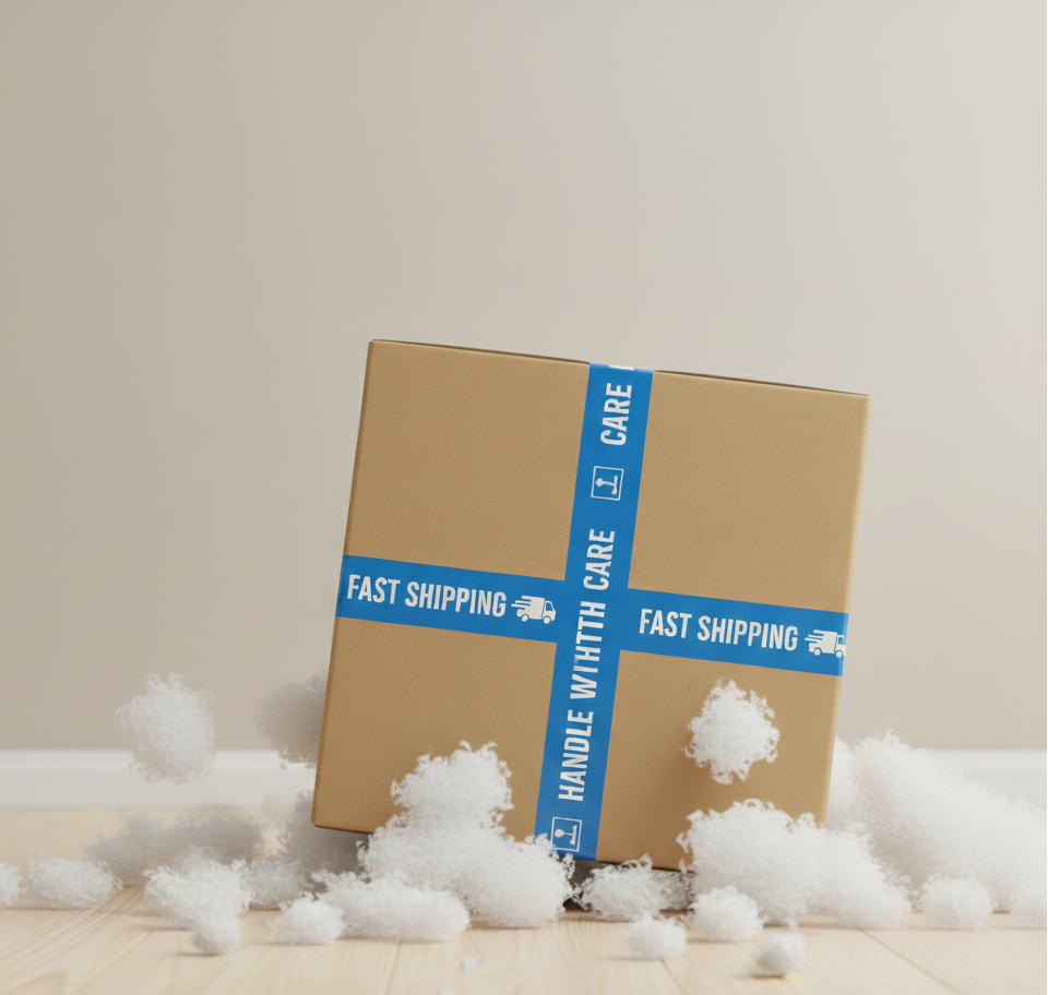 Cardboard box with blue care label surrounded by packing peanuts on a wooden surface.