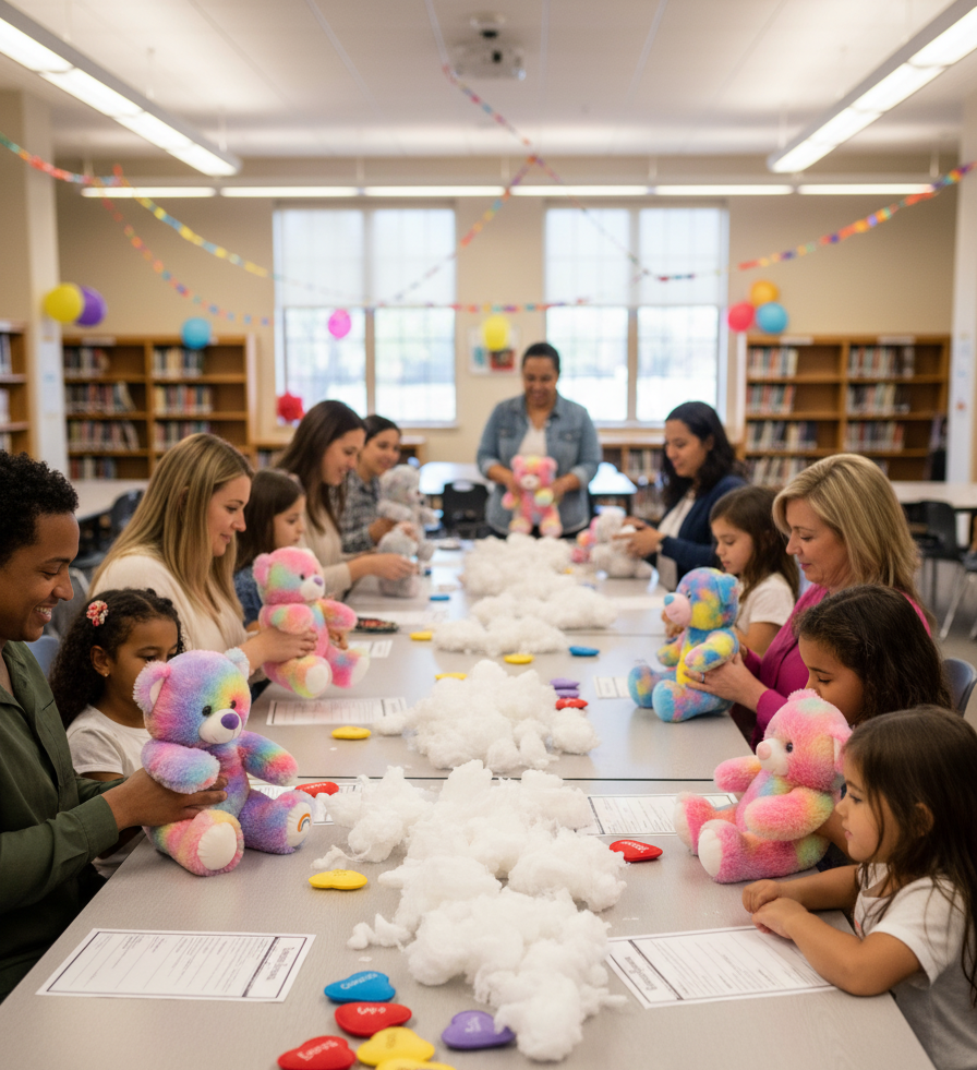 Children and adults in a classroom setting with teddy bears and buttons.