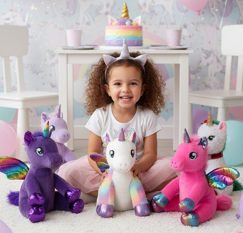 Child with unicorn-themed birthday party decorations including balloons, cake, and plush toys.