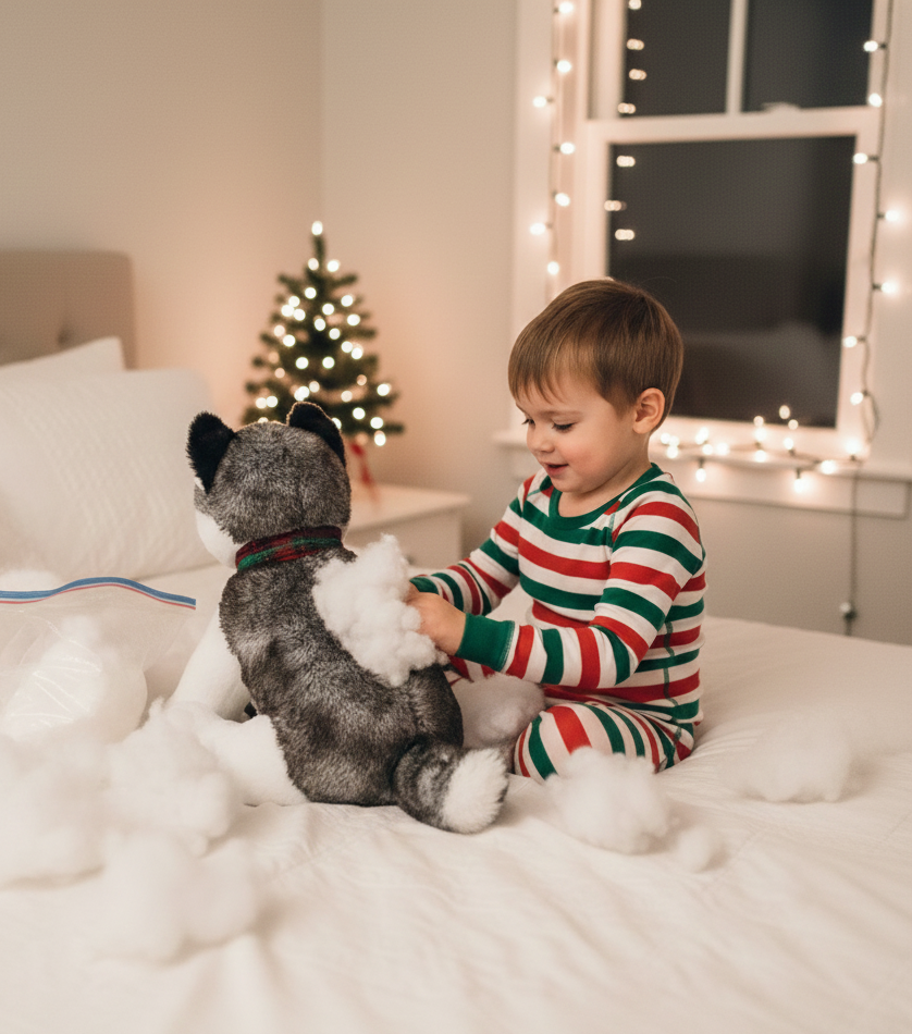 Child in pajamas playing with a plush toy on a bed with Christmas decorations.