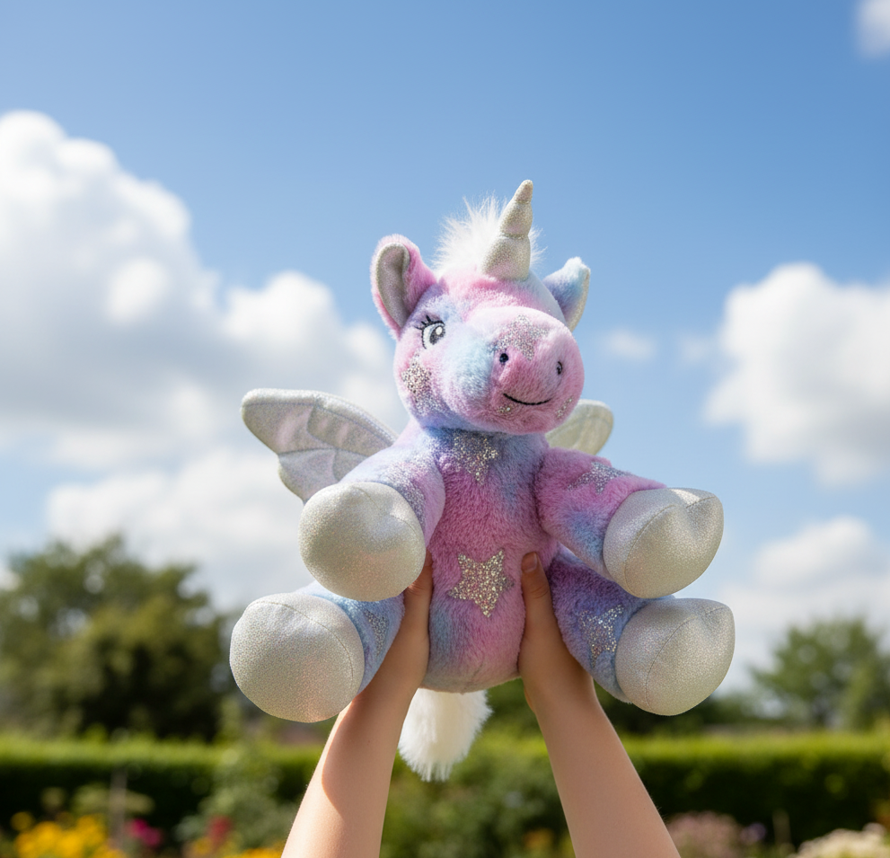 Plush unicorn toy held in front of a scenic outdoor background with blue sky and clouds.
