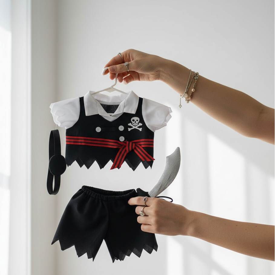 Pirate-themed doll outfit with a skirt and top held by a person against a white background
