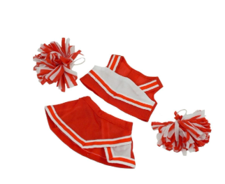 Red and white cheerleading outfit with pom-poms on a white background