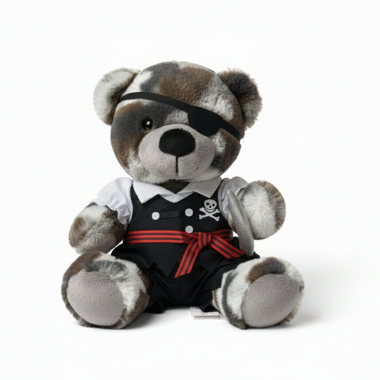 Teddy bear dressed as a pirate with a bandana and a black outfit on a white background