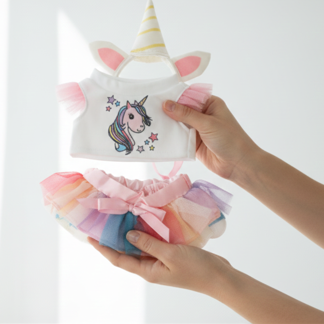 Unicorn plush toy with a colorful skirt held by a hand against a white background