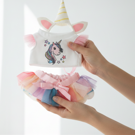 Unicorn plush toy with a colorful skirt held by a hand against a white background