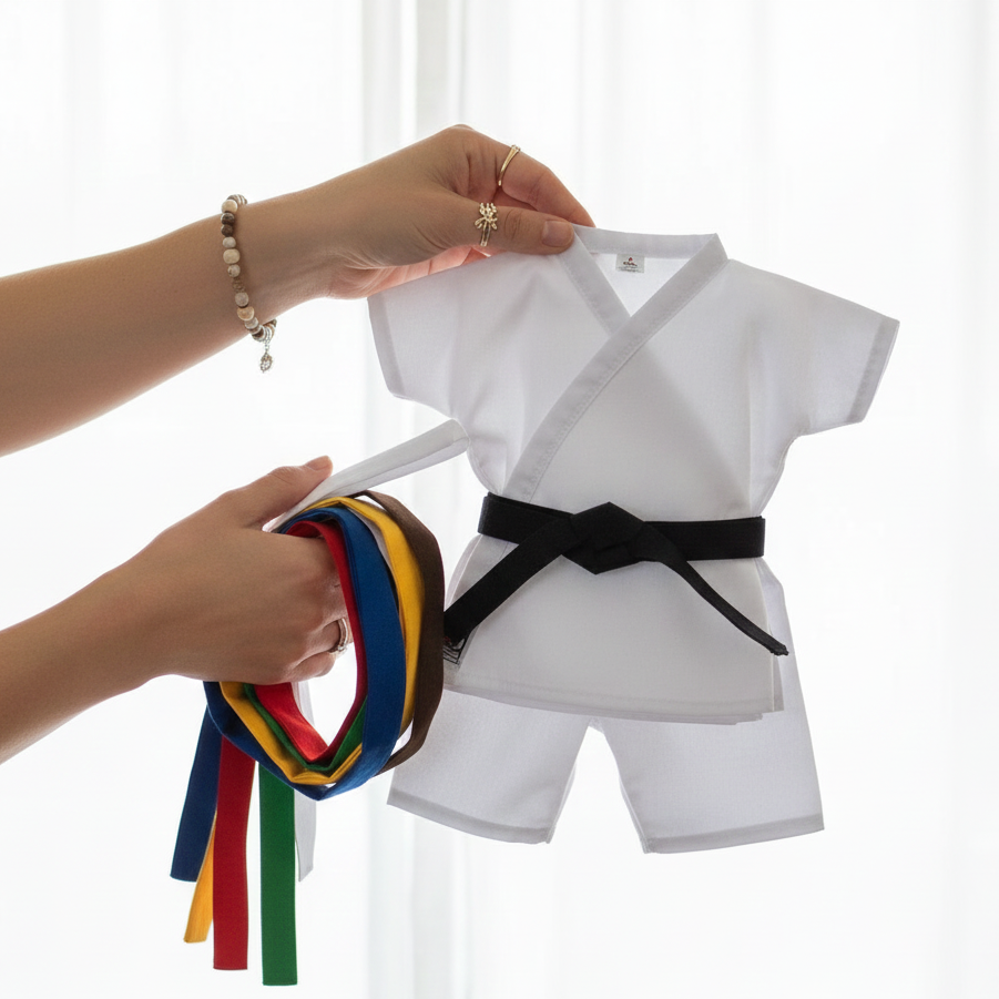 White martial arts uniform with a black belt and colorful belts held by hands against a white background