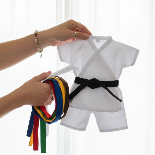 White martial arts uniform with a black belt and colorful belts held by hands against a white background