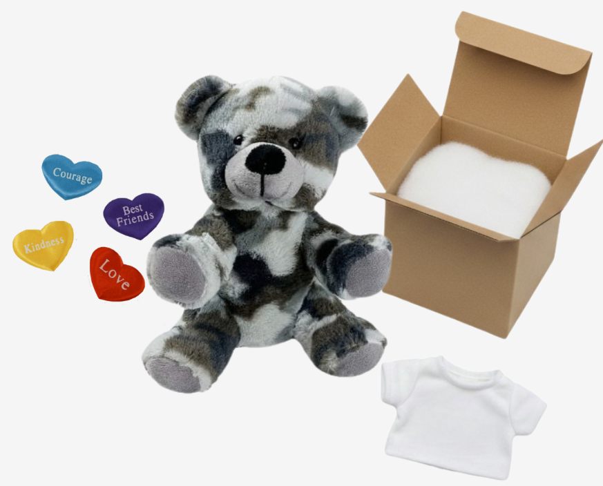 Plush camo teddy with packaging supplies on a white background