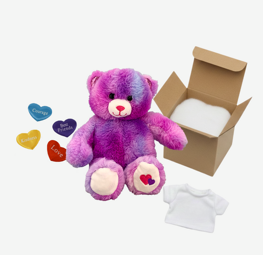 Multicolored teddy bear with a box, t-shirt, and decorative hearts on a white background