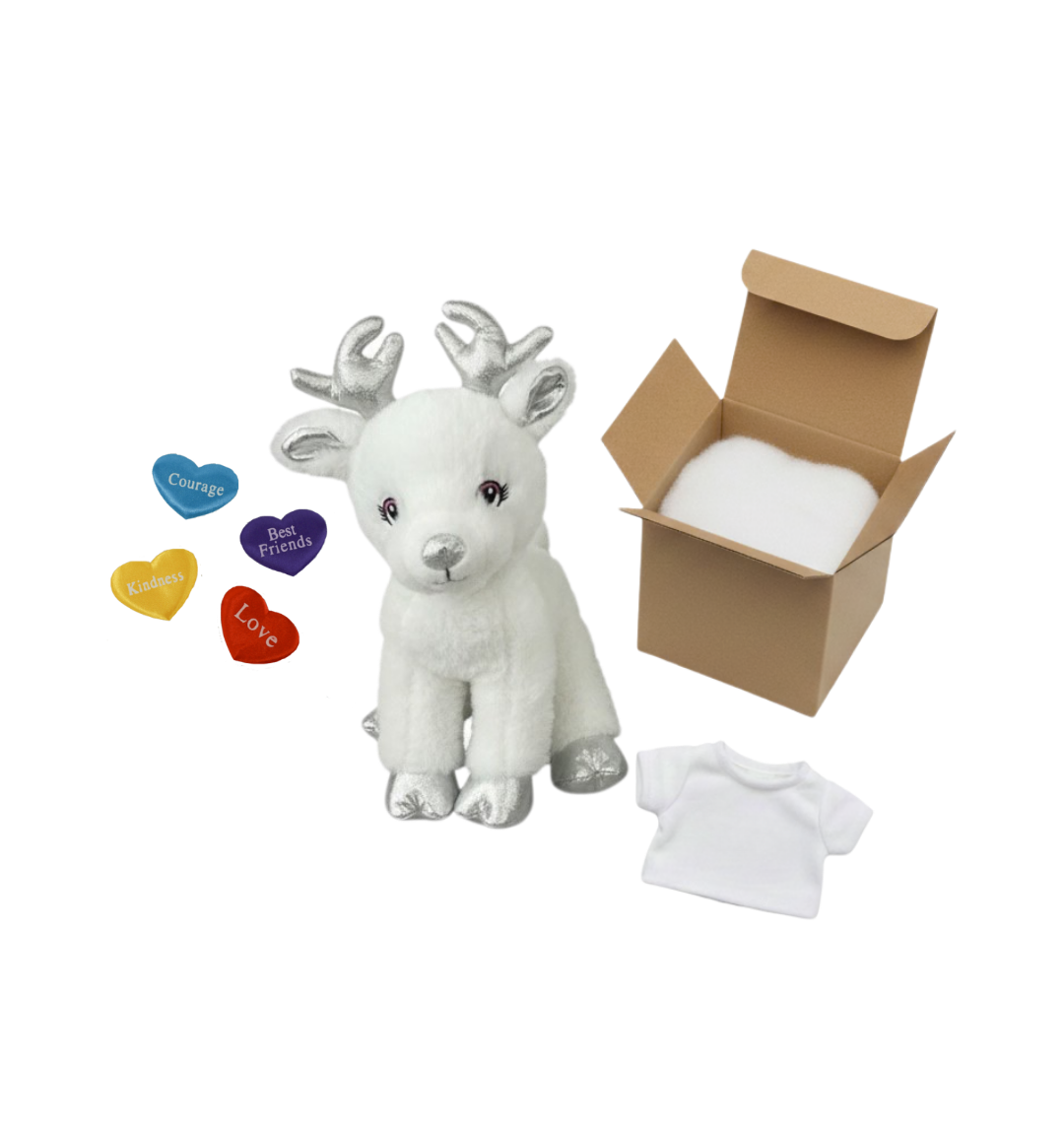 White plush reindeer toy with accessories on a white background