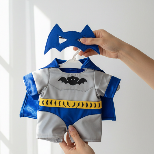 doll romper with cape and mask held by a hand against a white background